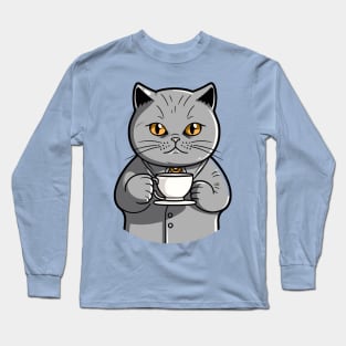 British Shorthair Cat Drinking Coffee Long Sleeve T-Shirt